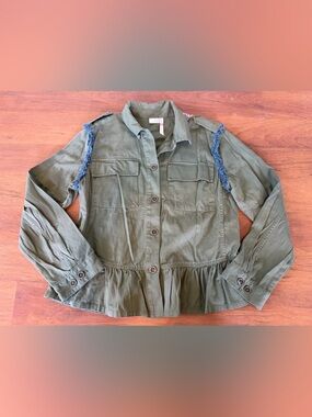 Girls' Olive Utility Jacket with Blue Fringe Trim